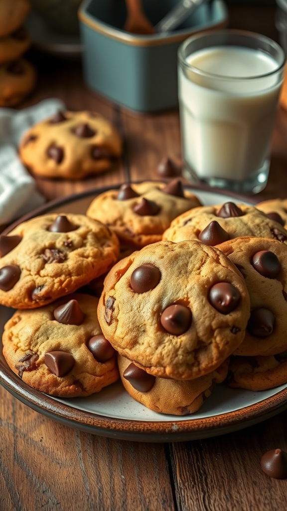 A plate of golden chocolate chip cookies with melted chocolate chips, accompanied by a glass of milk on a rustic table.